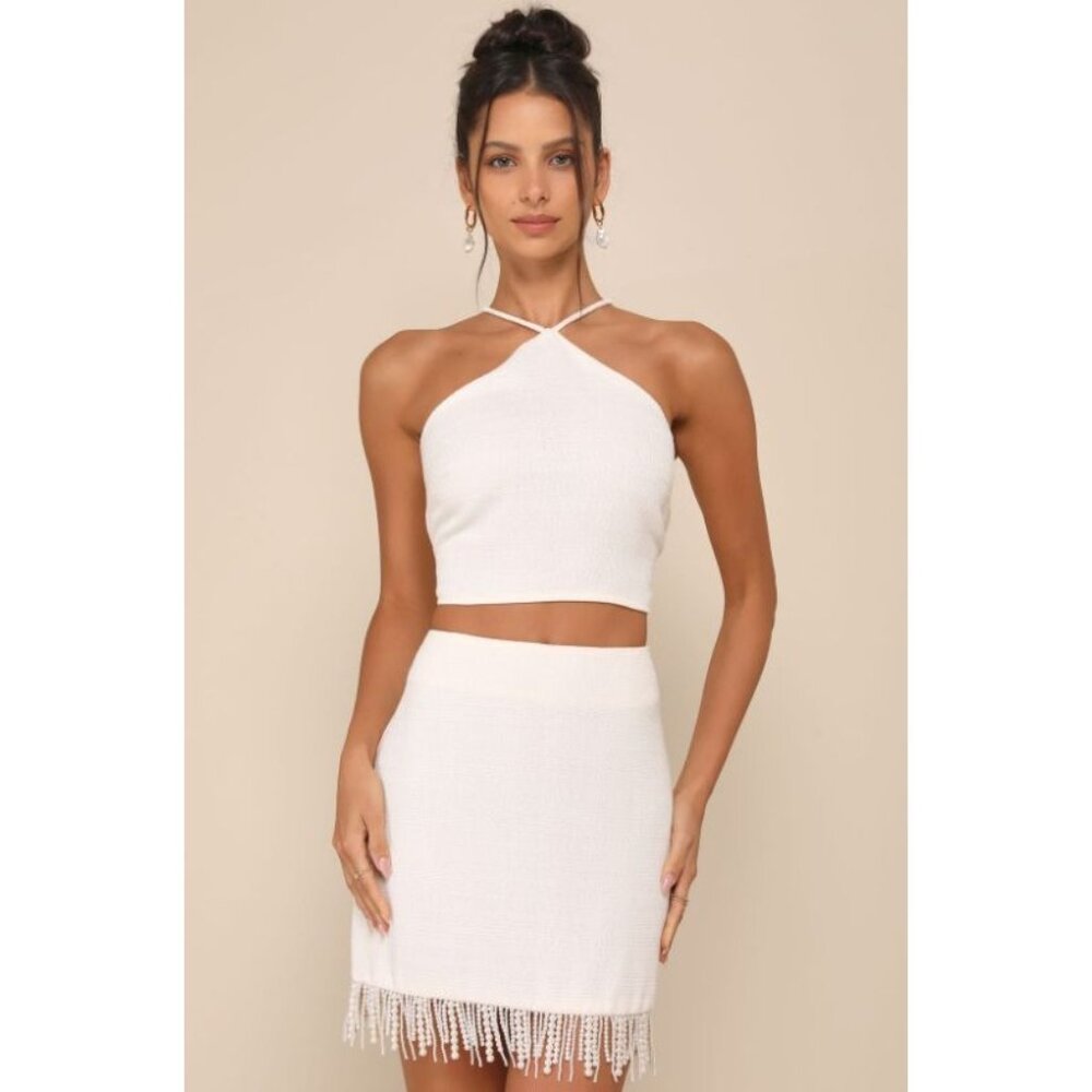 Lulus Boho Sweetly Elite Ivory Tweed Pearl Fringe High-Rise Mini Skirt M, NWT - Picture 10 of 11